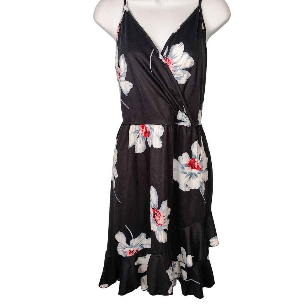 Ultranice Floral Ruffle Hem Sundress Black White  XL Wrap V-Neck Spandex Stretch